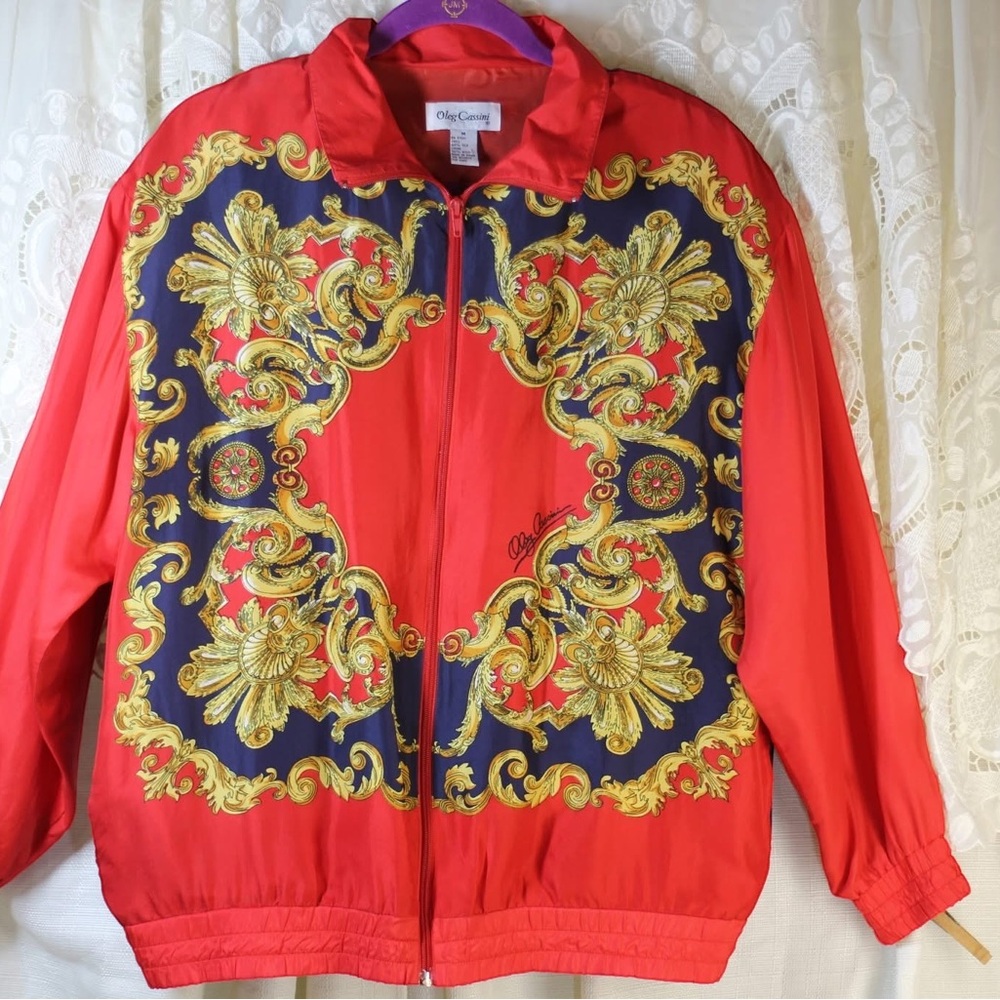 Vintage Red and Gold Baroque zip up jacket by Oleg Cassini